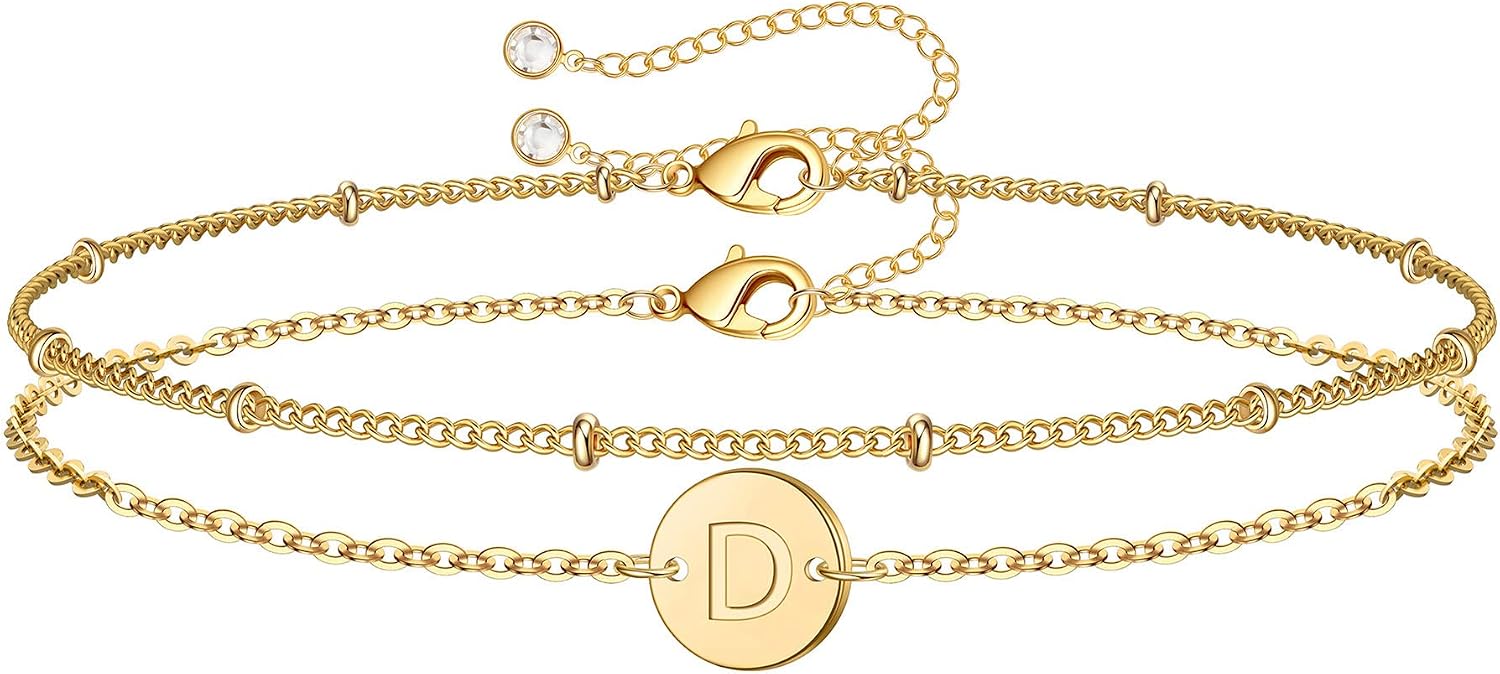 MONOZO Gold Initial Bracelets for Women - Dainty 14K Gold Plated Layered Beaded Letter Initial Bracelet Personalized 26 Alphabet Disc Monogram Charm Bracelet Jewelry Gifts for Women