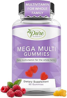 Pure By Nature Mega Multi Gummies - Daily Multivitamin for Men, Women & Kids, Essential Vitamins A, C, D2, E, K, Biotin & Folic Acid, Natural Flavor, 60 Count Multivitamin Gummies Supplement