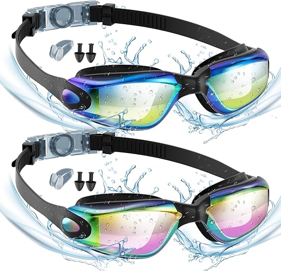 Swimming Goggles, 2 Pack Goggles Swimming Adult with Nose Clip & Earplugs Anti Fog No Leaking Clear Vision for Adult Women Swimming Pool