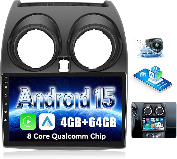 Qualcomm 8 Cores 4G+ 64G Android 15 Car Radio for Nissan Qashqai J10 2006-2016 CarPlay Wireless Android Car 9 Inch IPS Touch Screen GPS Bluetooth 5.1 DSP WiFi Reversing Camera AHD SWC