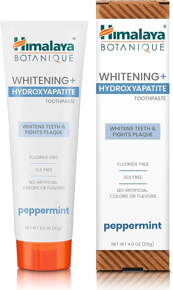 Himalaya Botanique Whitening+ Hydroxyapatite Toothpaste, Peppermint, 4 oz | Nano Hydroxyapatite Toothpaste, Support Enamel Strength & Integrity,Great for Sensitive Teeth, Fluoride Free,SLS Free & Vegan
