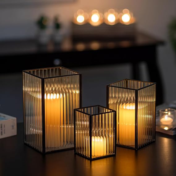 Glasseam 3Pcs Square Black Glass Hurricane Candle Holder for Pillar Candles