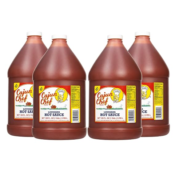 Cajun Chef Louisiana Hot Sauce 1 Gallon, 128 fl oz (Pack of 4) - Cajun Cayenne Pepper Sauce, Mild Heat Hot Sauce for Gumbo, Seafood, Soups, Wings, BBQ, Pizza and Everyday Cooking