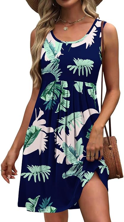 Akihoo Women Summer Casual Sleeveless Midi Plain Pleated Tank Vest Dresses