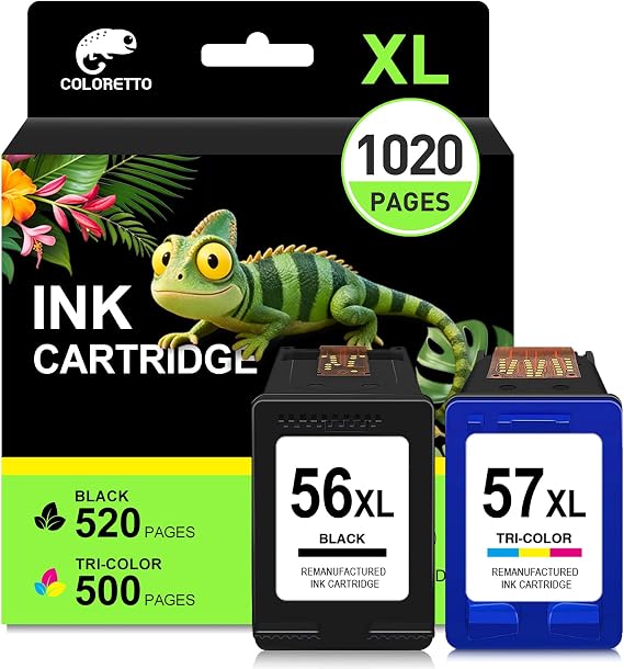 COLORETTO Remanufactured Printer Ink Cartridge Replacement for HP 56 57 HP Deskjet 450 450ci 450cbi Photosmart 7150 7150v Officejet 4105 4110 4252 PSC Series 1110 1200(1 Black+1 Color) Combo Pack