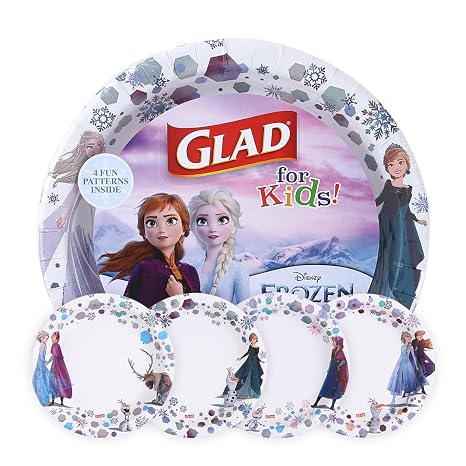 Glad for Kids Disney Frozen Paper Plates, Anna & Elsa, 8.5 in, 40 Count | Heavy-duty, soak-proof, cut-resistant plates for everyday meals and parties
