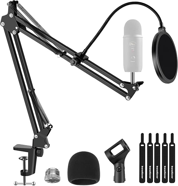 InnoGear Microphone Stand Mic Boom Arm Windscreen Pop Filter, Medium | Complete Bundle, Dual-Layer Pop Filter, Acoustic Foam Windscreen, 3.3lb Weight Capacity, Max Desk Thickness 2", For Blue Yeti