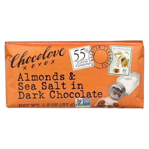Chocolove Chocolate Bar, Almonds & Sea Salt in Dark Chocolate, 1.3 Ounce (Pack of 12)