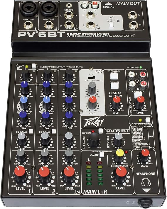 Peavey PV6BT DJ Mixer, 6 Channel With Bluetooth, Small