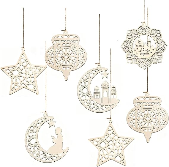 7 Pcs 7 Ramadan Decorations for Home, Ramadan Mubarak Decorations, Eid Al Fitr Home Decor, Wooden Hanging Ornaments for Indoor and Outdoor Ramadan Celebrations