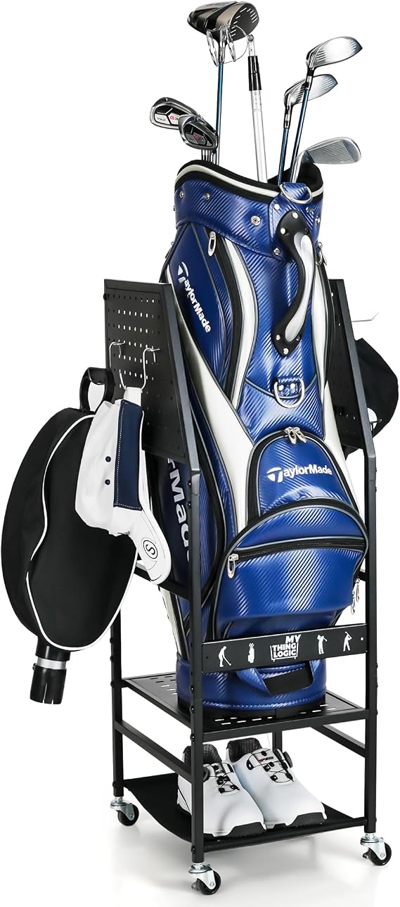 Mythinglogic Golf Bag Storage Organizer for Garage, Multiple Capacities | All in one metal storage for organizing golf bags, shoes, balls and golf accessories in garages, home or golf simulator rooms