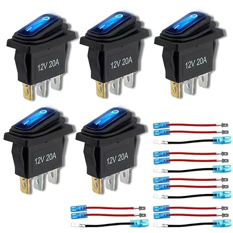 12v Rocker Switch Waterproof 5 PCS - 12 Volt Toggle Switch with 3 20cm Detachable Wires, SPST 3 Pin On Off Switches Snap-in Design Square Switch with Blue LED Light for Car Boat Marine RV Truck KCD3