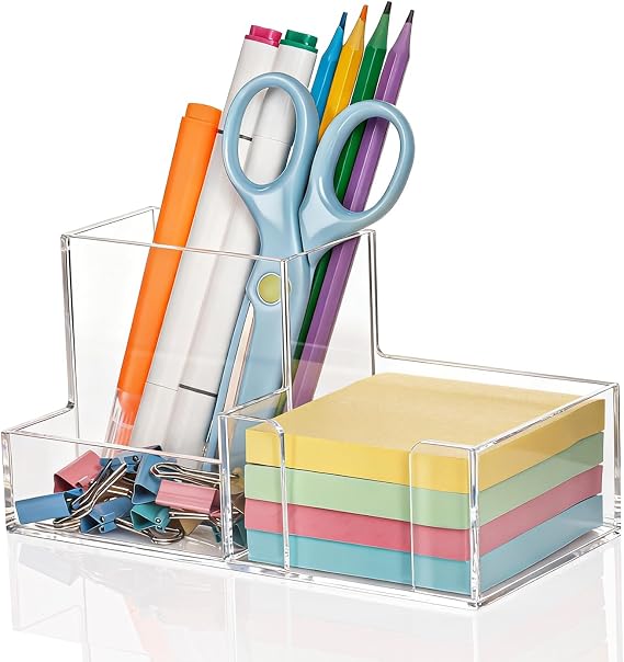 Pen Holder for Desk Clear Pencil Holder with Sticky Notes Holder Acrylic 3 Compartments Desk Organizer Office Desk Accessories for Office, School, Home, Makeup Brush Holder for Bedroom Bathroom