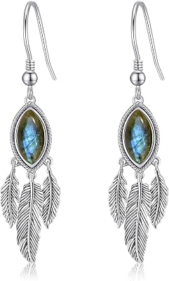 Feather Dangle Earrings for Women 925 Sterling Silver Earrings Teal TurquoiseTurquoiseLabradoriteMoonstone Drop Earrings with Feather Boho Vintage Leaf Hook Earrings Western Jewelry Gifts