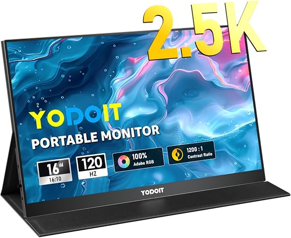 Yodoit Portable Monitor 16 2.5K QHD 120 Hz Bildschirm IPS 2560x1600 16:10 Display mit USB Typ C und eingebauten Lautsprechern mit Smart Cover Kompatibel mit PC Laptop MacBook Xbox