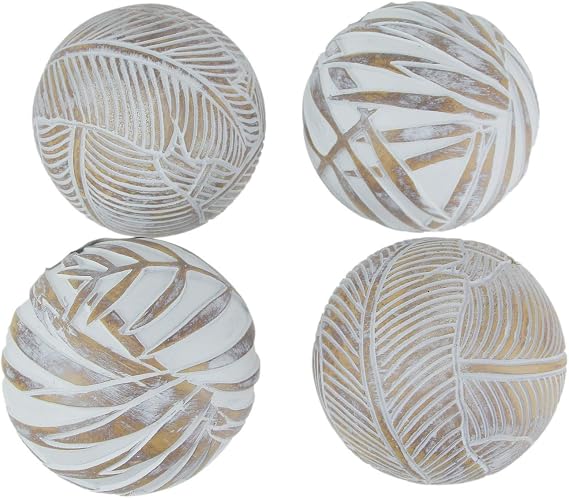 Mayrich Whitewashed Tropical Leaf Wood Look Decor Balls Set of 4 | 4-Inch Diameter Each, Polyresin Construction, Display in Centerpiece Bowls or Trays, Country Farmhouse Style