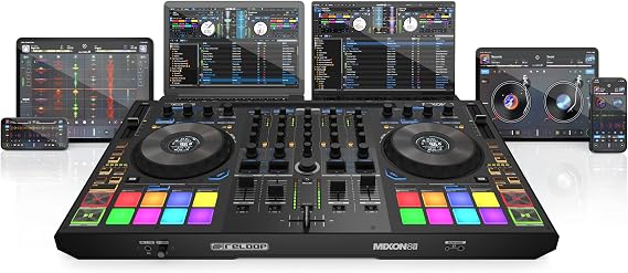 Reloop Mixon 8 Pro | 4-Kanallı Profesyonel Hybrid DJ Controller | Serato DJ Pro & Algoriddim DJAY Pro Ai (Mac, PC, iOS & Android uyumlu)