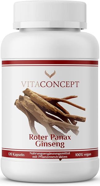 Vitaconcept Red Panax Ginseng Extract 600 mg (20% Ginsenosides) Real Korean Ginseng Vegan 120 Capsules Laboratory Tested
