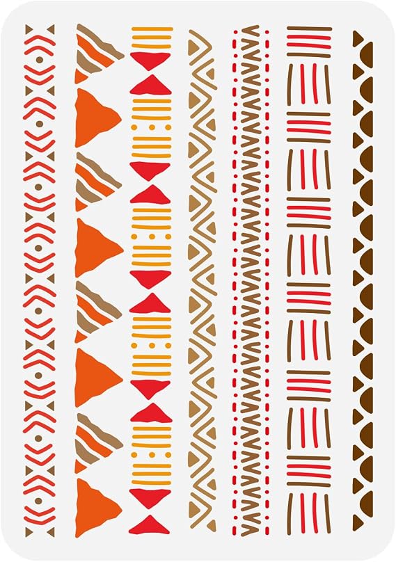 FINGERINSPIRE Mudcloth Elements Pattern Stencil 8.3x11.7inch Tribal Borders Drawing Template African Boho Floral Frame Stencils for Painting on Wood Wall Fabric Paper Furniture