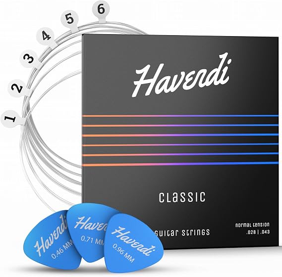 HAVENDI Guitar Strings for classical guitar - brilliant sound quality strings made of nylon for classical guitar coated with silver (6 string set) incl. 3 picks