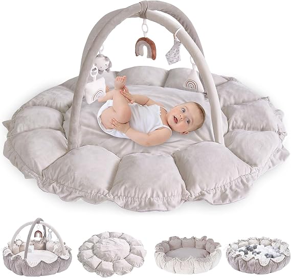 Play Gym 5 in 1 Thick and Plush,Thicker Non-Slip Soft Tummy Time Play Activity Gym Mat for Babies and Toddlers 2 Detachable Washable Mat with 5 Toys (Grey)