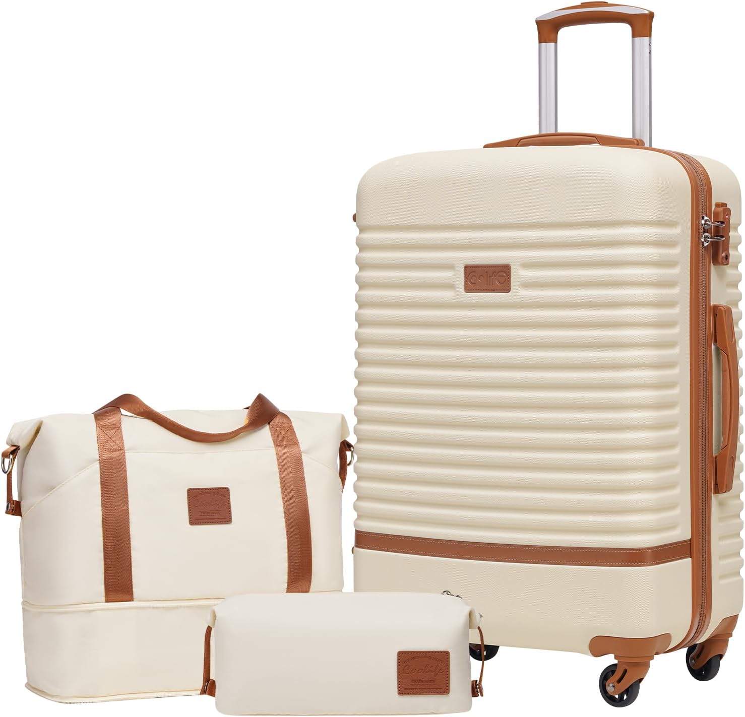 COOLIFE Trolley Suitcase ABS Travel Suitcase Hard Shell 4 Wheels TSA Lock Includes 1 Travel Bag and 1 Toiletry Bag white  brown Suitcase