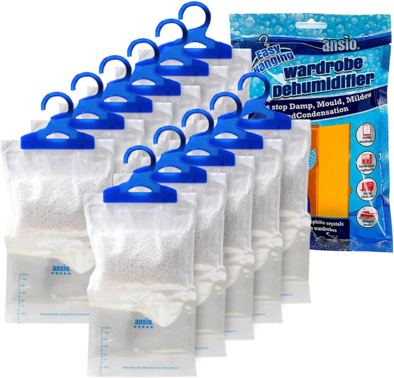 ANSIO® Wardrobe Dehumidifier Disposable Hanging Bags Pack of 12 Room Moisture Absorber Condensation Remover for Damp, Mould in Home, Bathroom, Window, House, Kitchen, Bedroom Interior Traps