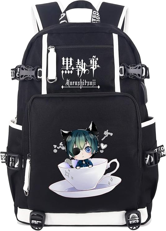Roffatide Anime Black Butler Backpack Book Bag Laptop School Bag with USB Charging Port And Headphone Port