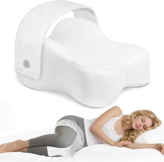 Side Sleeper Knee Pillow for Hip Pain Relief, Memory Foam Leg Pillow for Side Sleeping, Comfortable Support Between Knees, Aligns Spine & Reliefs Back, Joints(Adjustable Strap), White