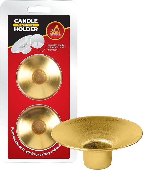 Ner Mitzvah Reusable Metal Candlestick Liners and Drip Guards - Safety Pin Holds Candles in Place - Nickel Plated Protector Bobeches - Gold - 2 Pack