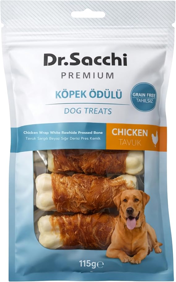 Dr.Sacchi Premium Tavuk Sargılı Beyaz Sığır Derisi Pres Kemik Tahılsız Köpek Ödülü 3” 22-25 Gr 5'li