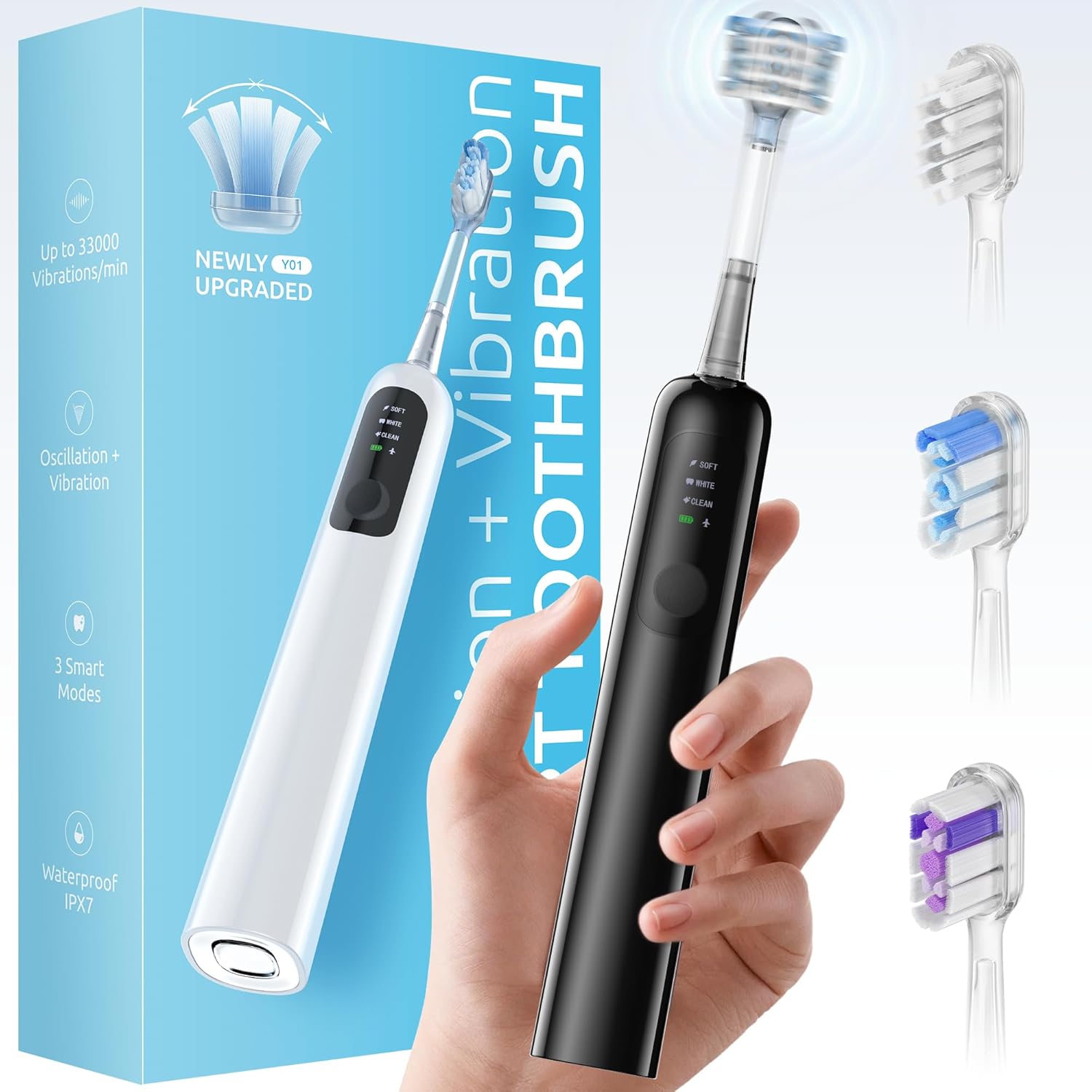 SYNHOPE 60° Oscillating Sonic Toothbrush - 33K RPM Power Clean, Unique 60° Swing Amplitude, 3 Brush Heads, IPX7 Waterproof - Teeth Whitening & Gum Health Boost Black