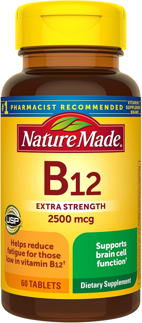 Nature Made Extra Strength Vitamin B12 2500 mcg, B12 Vitamins, 60 Tablets | Energy Metabolism Support Supplement for Men and Women, Helps Reduce Fatigue for Those Low in Vitamin B12, 60 Day Supply