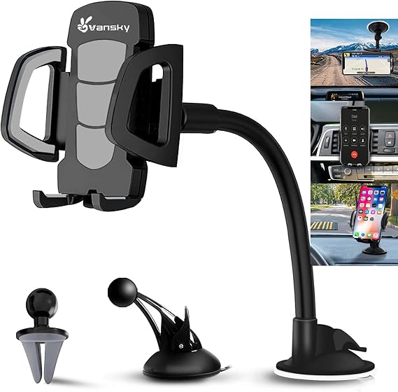 Vansky 3-in-1 Car Phone Holder: 3 Mountings - Fits Windshield Dash Vent