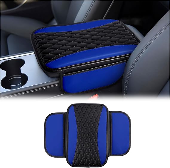 Upgraded Car Armrest Cushion,Leather Car Center Console Cover with Storage Bags,Waterproof Center Console Pad,Universal Auto Armrest Storage Box for Most Vehicles,Car Decor Accessories (Blue)
