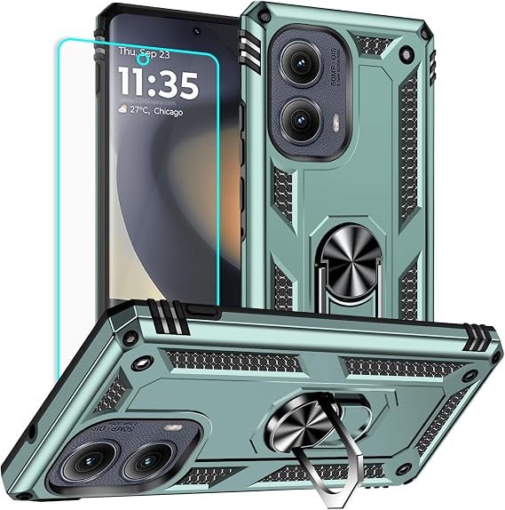 for Motorola Edge 2024 Case: with Screen Protector - Military Grade Protective Cases with Finger Ring Holder Kickstand for Moto Edge 2024(Dark Green)