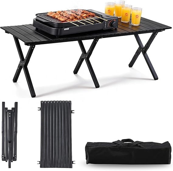 Roll-Up Camping Table Portable Low Folding Table for Outdoor -Black
