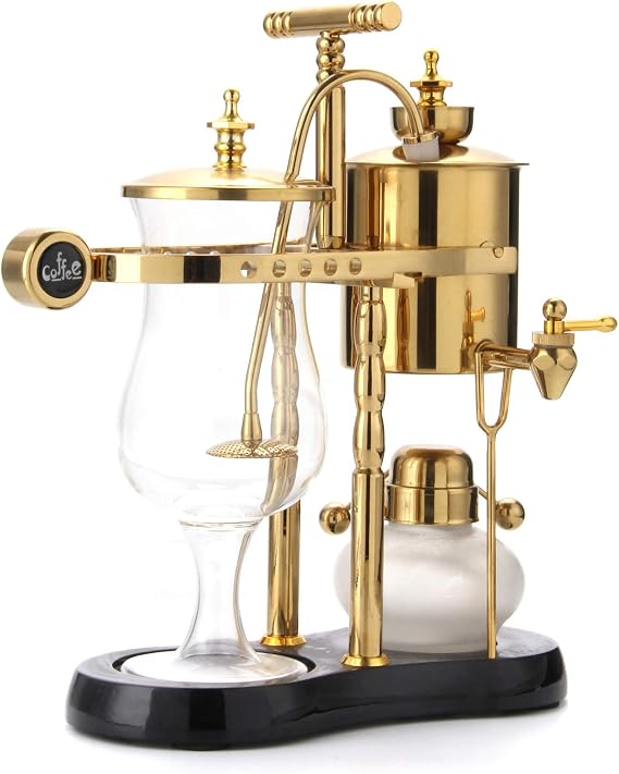 Diguo Belgian/Belgium Luxury Royal Family Balance Siphon/Syphon Coffee Maker. Elegant Double Ridged Fulcrum with Tee handle Classic Gold
