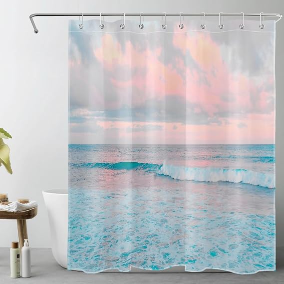 LB Teal Blue Ocean Shower Curtain, Pink Sky Cloud, 60x72 inches