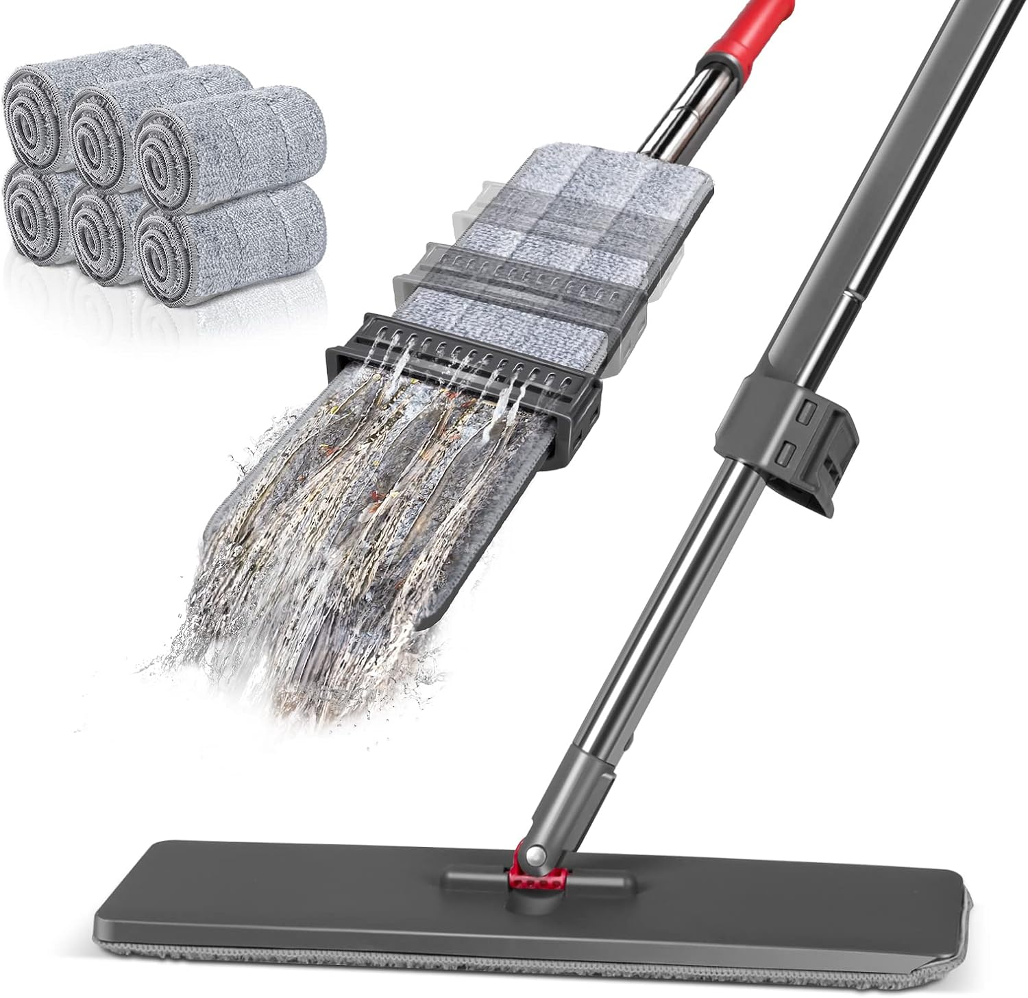 Myiosus Self Wringing Mop, Microfibre Floor Mops with 6 Reusable Washable Pads & 130cm Stainless Steel Handle, Dust Wet Dry Mop for Kitchen Bathroom Wall Cleaning