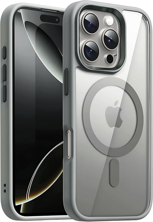 Minesk iPhone 16 Pro için SUPER-CRYSTAL Magsafe ile Uyumlu Kılıf Arkası Kristal Berraklığında Cam Görünüm Kenarları Darbe Emici Silikon Hybrid Kılıf (Titanyum Gri, 16 Pro)