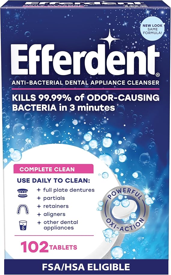 Efferdent Denture Cleaner Tablets, Complete Clean, 102 Count | Retainer Cleaner, Use Daily To Clean Dental Appliances, Full Plate Dentures, Aligners & Mouth Guards