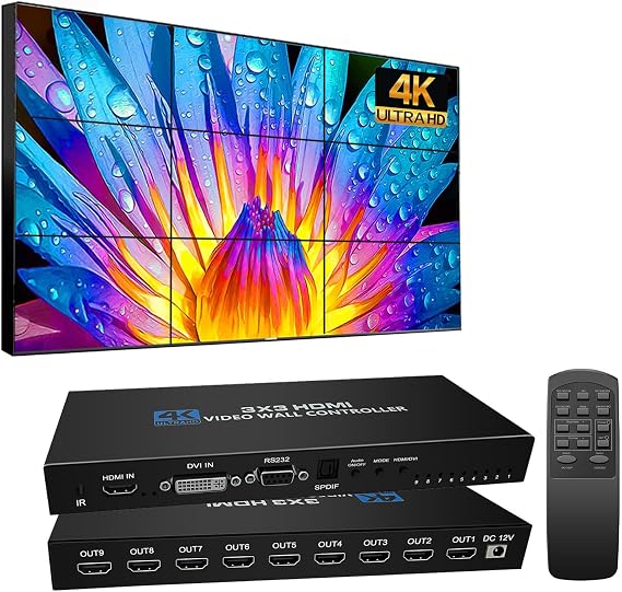 Video Wall Controller 3x3 HDMI Video Image Processor, Support 3840x2160/30HZ HDMI Input & DVI Input, 9-Screen Splicing TV Wall Controller, Support 180 Degree Rotation 3x3 3x2 2x2 3x1 1x4 2x3 4x2 2x4