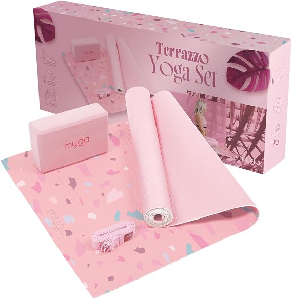Myga Yoga Starter Kit Complete Set with Yoga Mat Yoga Block & Strap Non-Slip & Supportive Ideal for Beginners & Home as well as Travel Different Print Designs