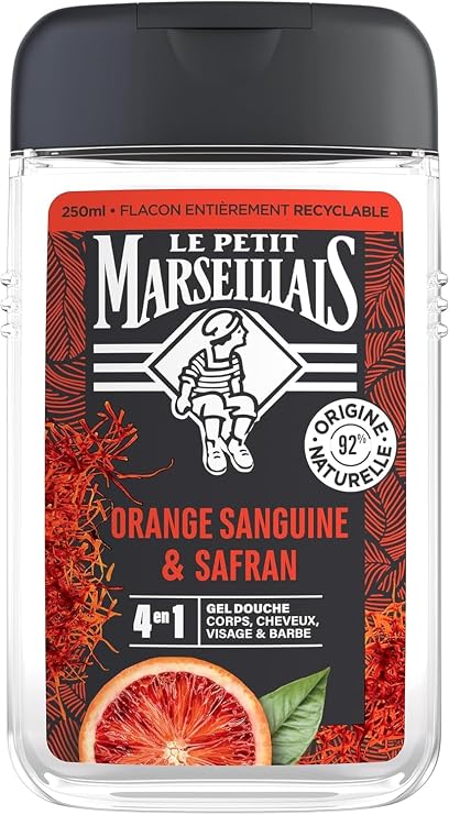 Le Petit Marseillais - Men's Shower Gel Blood Orange and Saffron (250 ml bottle) - 4 in 1 formula for body, hair, face & beard - 92% ingredients of natural origin and neutral pH