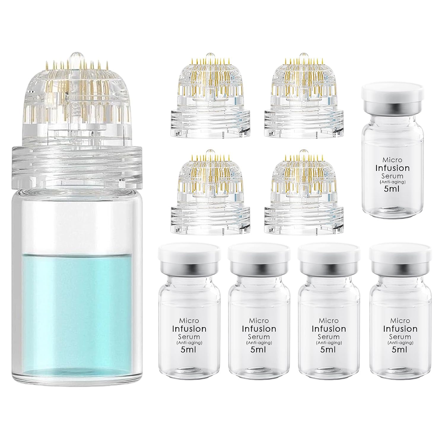Microneedling Infusion System Set Micro Microneedle Infusion System Including Hydra Needle 0.5 mm 1 Piece 4 Replacement Needles and 5 Anti-Ageing Serum Ampoules 5 ml Anti-Ageing Solution Treatment