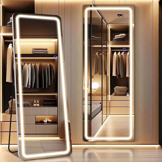 GlasFlength Full Length Mirror with LED Lights, 63"x20" Full Body Mirror, Free Standing & Wall Mounted Hanging Mirror with Light for Bedroom, Aluminum Frame, Dimming & 3 Color Lighting (White)