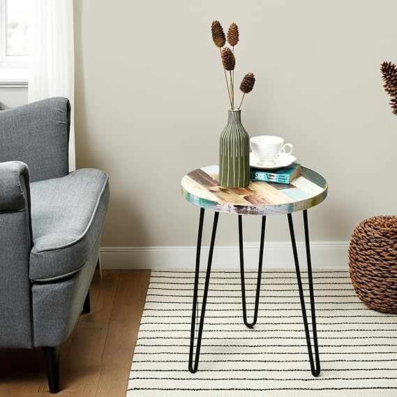 WELLAND Reclaimed Wood Side Table, Round Hairpin Leg End Table, 16" L x 16" W x 20.5" H, Night Stand for Living Room, Bedroom, Home Office, Patio