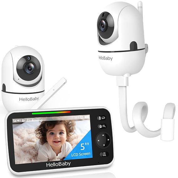HelloBaby Baby Monitor 2 Cameras with Mount, Upgrade 5 IPS Screen 26-Hour Battery Life, Crib Baby Monitor Mount Without Tools or Wall Damage