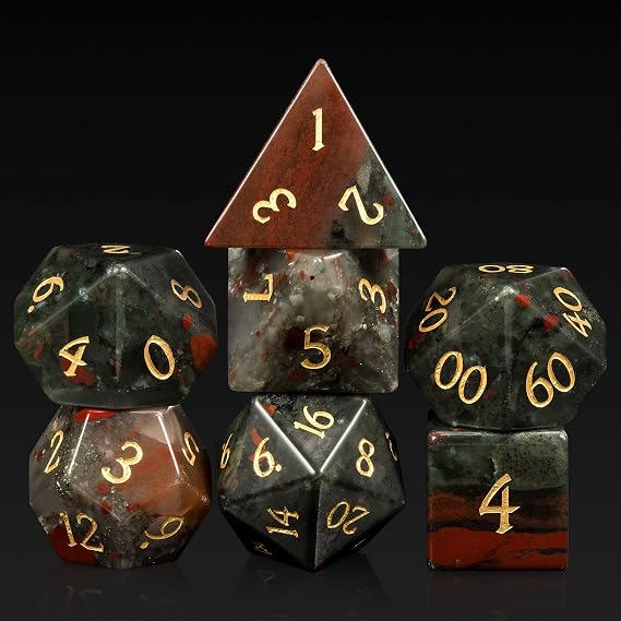 Bloodstone DND Dice Set DNDND 7 PCS Natural Stone D&D Dice with Gorgeous Gift Case for Dungeons and Dragon Tabletop Game (Bloodstone)